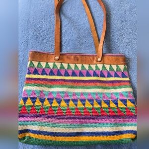 Vintage Hand-Crocheted Geometric Multicolored Shoulder Bag Tote Leather Strap